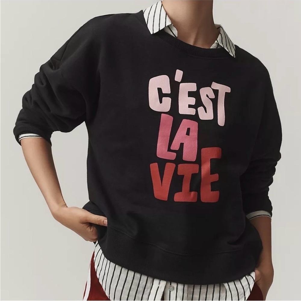 Anthropologie Maeve Jordan Nickson C'est La Vie Graphic Sweatshirt Black